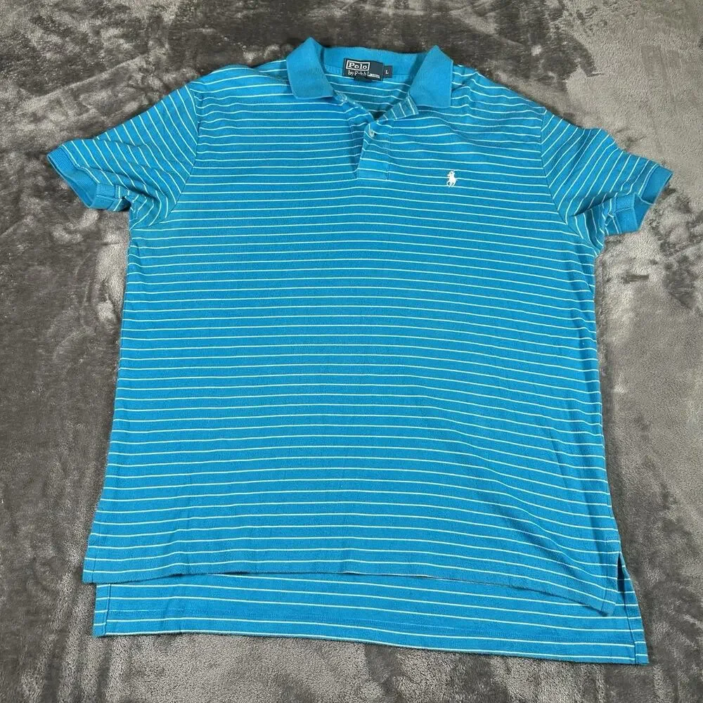 Polo Ralph Lauren Polo Shirt Mens Large Blue Striped Collard Embroidered Golf